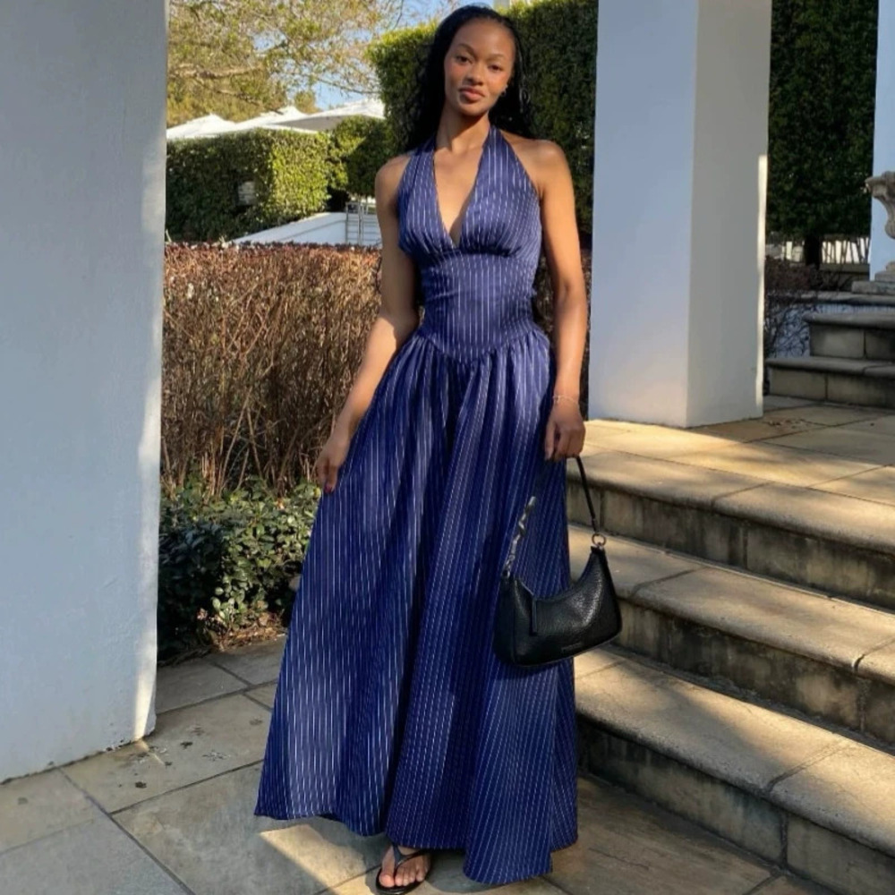 Sexy Casual Halter Sleeveless Striped Long Dress African Style Trendy